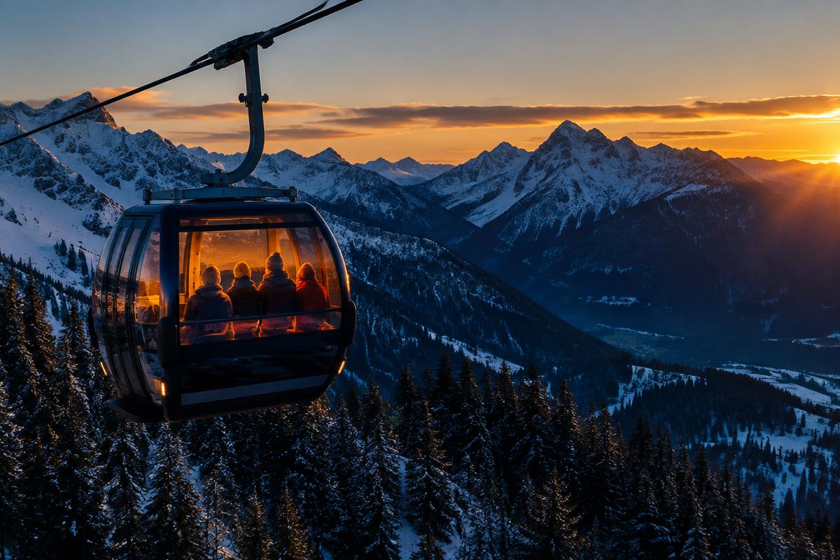 Sightseeing gondola cabin glowing at sunset above snowy peaks