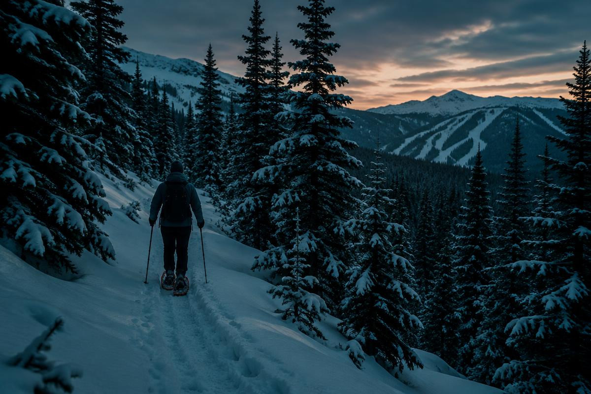 Person snowshoeing a snowy forest trail between snow-laden pines at dusk