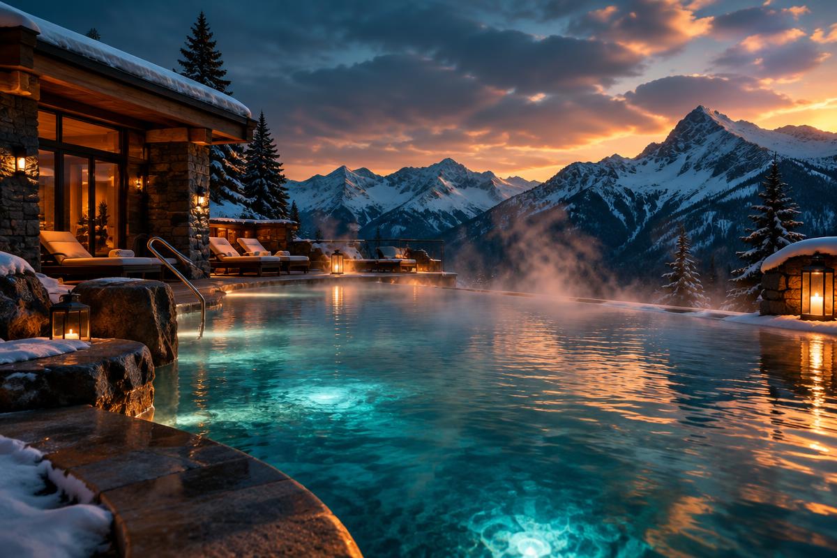 Steaming outdoor hot pool at a mountain spa with snow-covered peaks behind