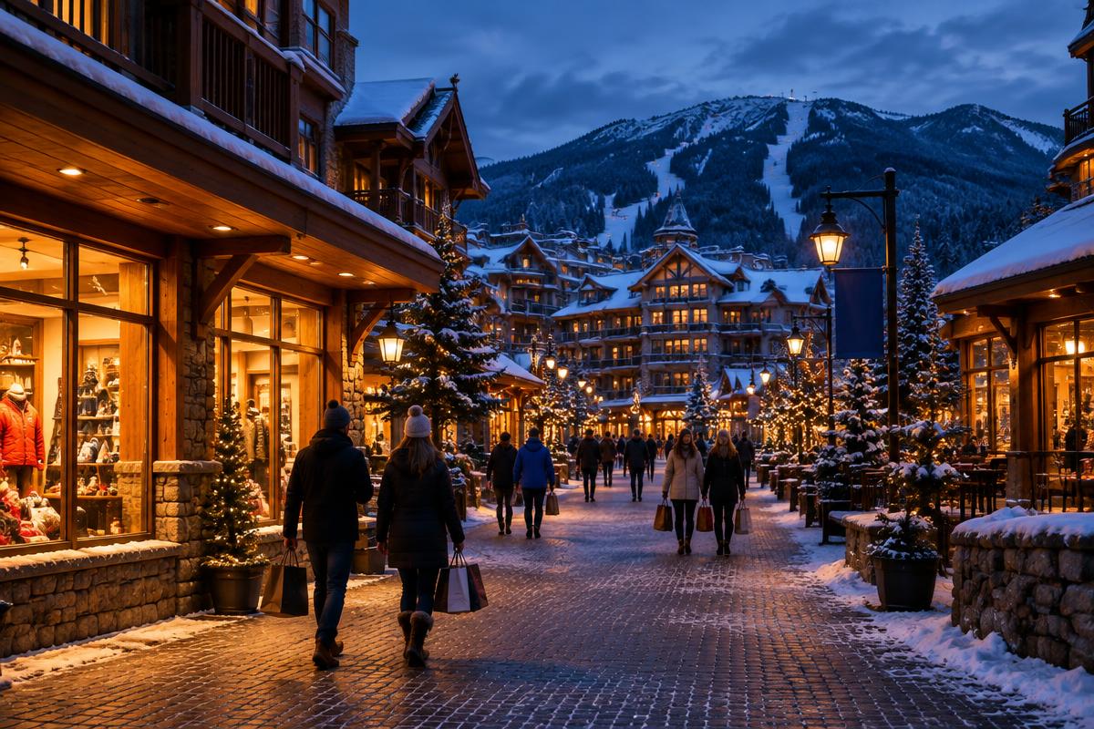 Snow-dusted alpine village pedestrian street glowing with warm shop lights at dusk