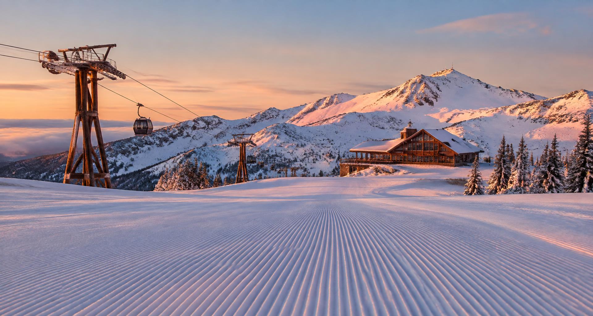 Freshly groomed corduroy run catching the first morning light