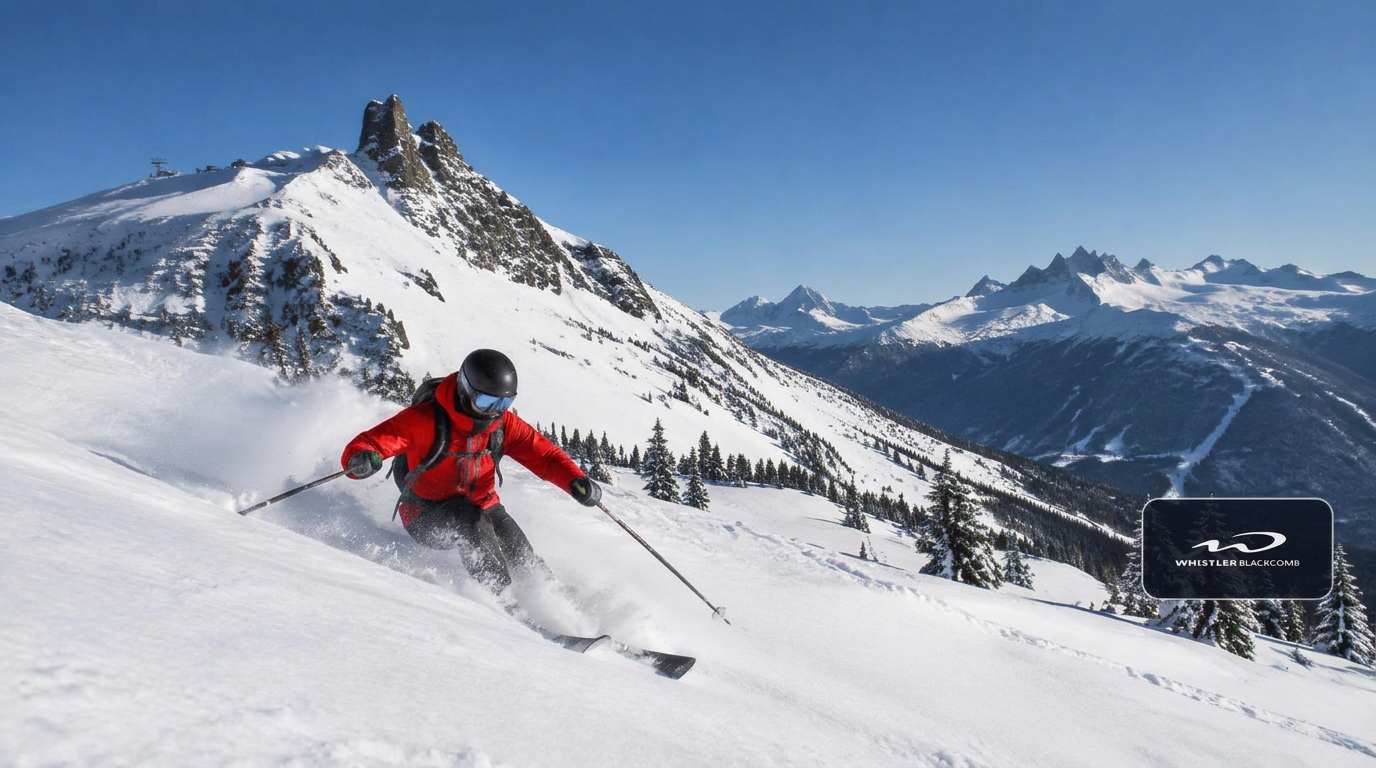 Skier carving through deep powder on a wide open Whistler bowl above the valley